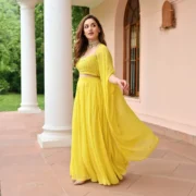 Yellow Timeless Georgette Cape Pants Set - Image 2