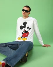 Men's White Classic Mickey F&B Graphic Printed Oversized T-shirt